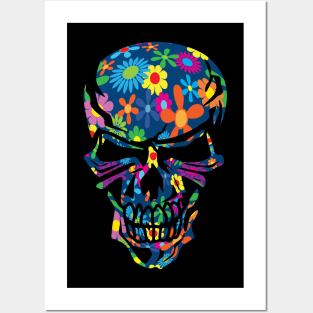 Colorful Hippie Trippy Flowers Skull Posters and Art